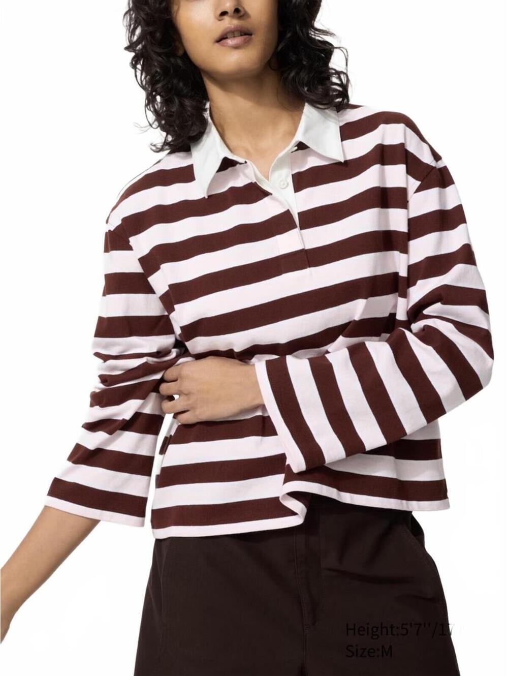 Uniqlo Washed Cotton Polo Shirt | Striped NWT Dark Brown XS